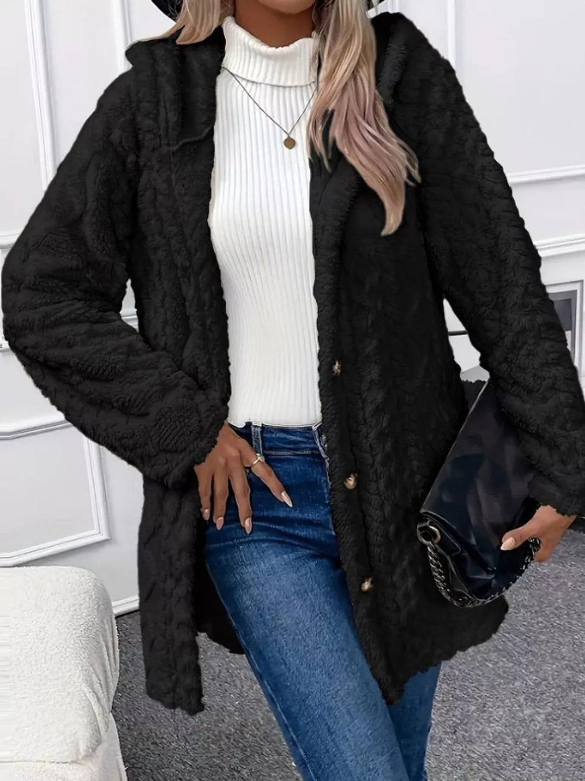 Full Size Cozy Cable-Knit Faux Fur Hooded Outerwear Plus Size - Bitsy Gypsy Boutique