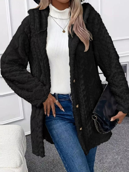 Full Size Cozy Cable-Knit Faux Fur Hooded Outerwear Plus Size - Bitsy Gypsy Boutique