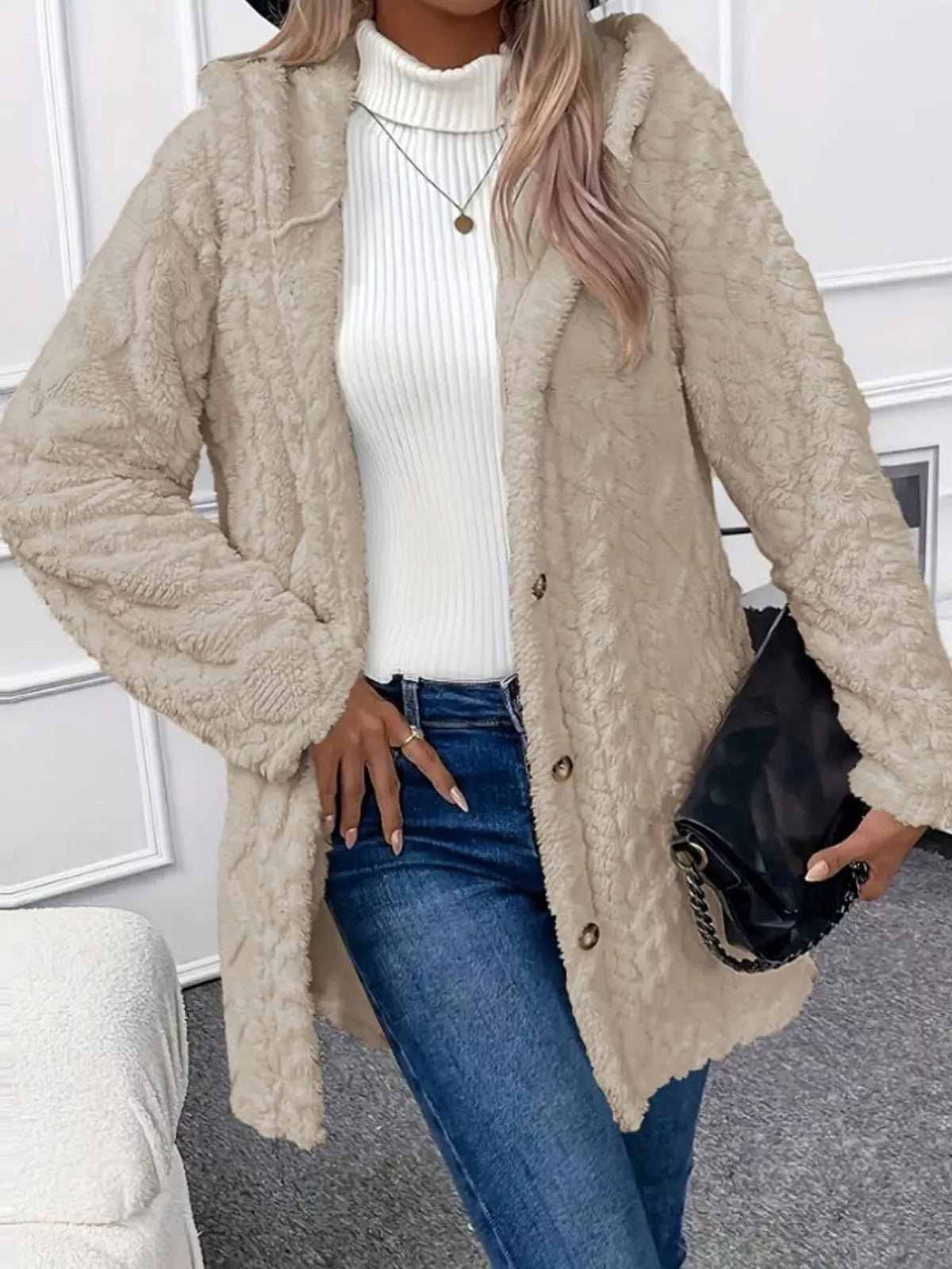 Full Size Cozy Cable-Knit Faux Fur Hooded Outerwear Plus Size - Bitsy Gypsy Boutique