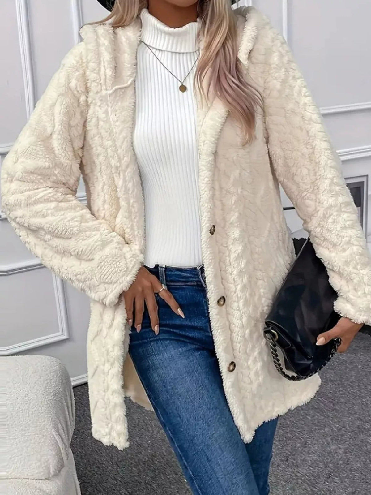 Full Size Cozy Cable-Knit Faux Fur Hooded Outerwear Plus Size - Bitsy Gypsy Boutique