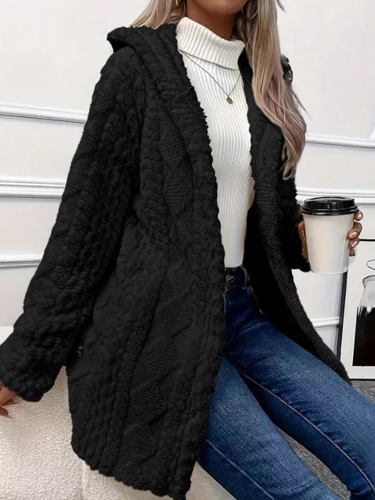 Full Size Cozy Cable-Knit Faux Fur Hooded Outerwear Plus Size - Bitsy Gypsy Boutique