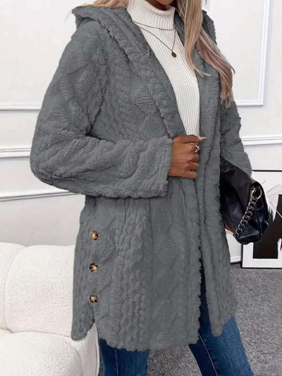 Full Size Cozy Cable-Knit Faux Fur Hooded Outerwear Plus Size - Bitsy Gypsy Boutique