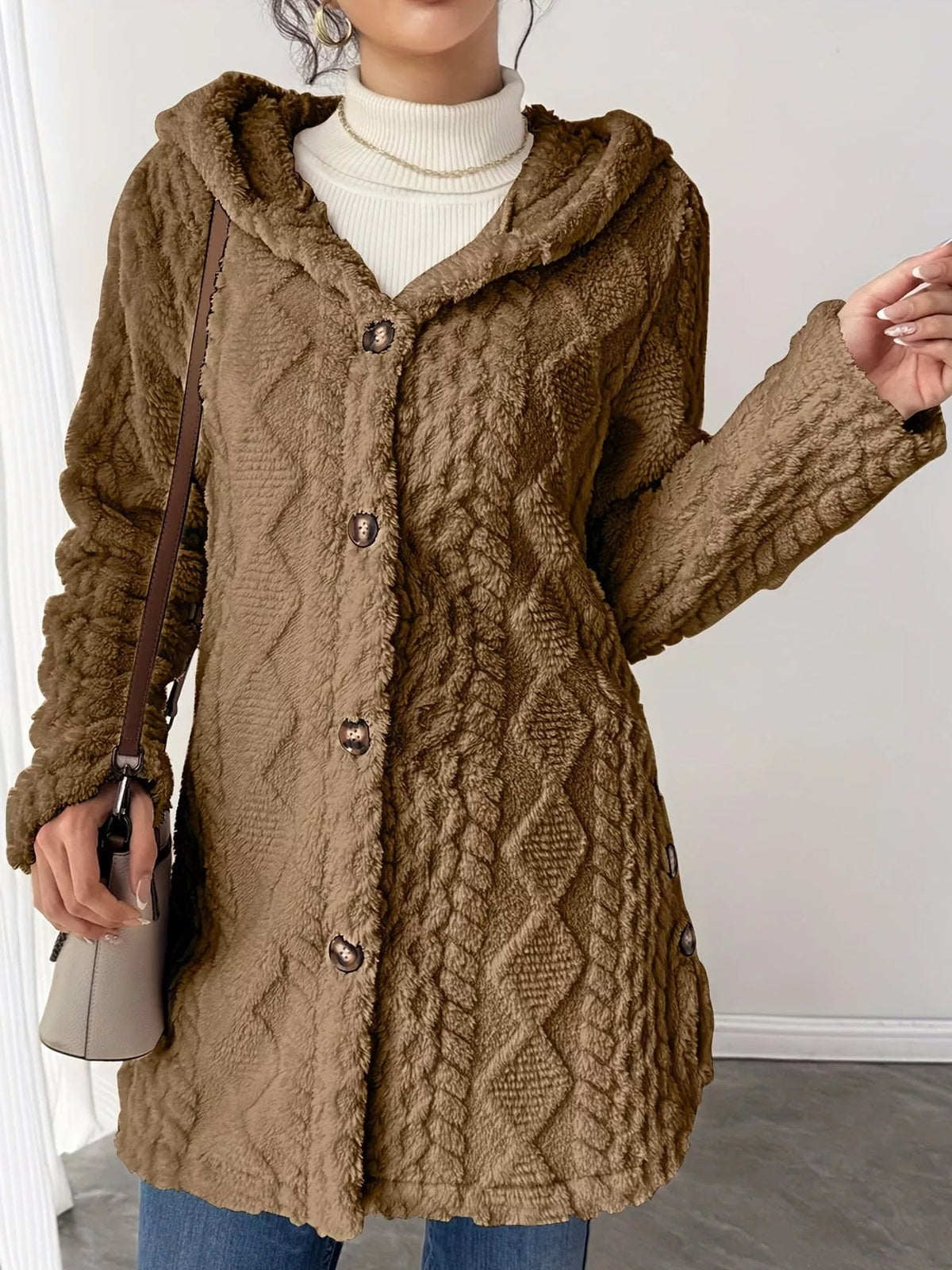Full Size Cozy Cable-Knit Faux Fur Hooded Outerwear Plus Size - Bitsy Gypsy Boutique