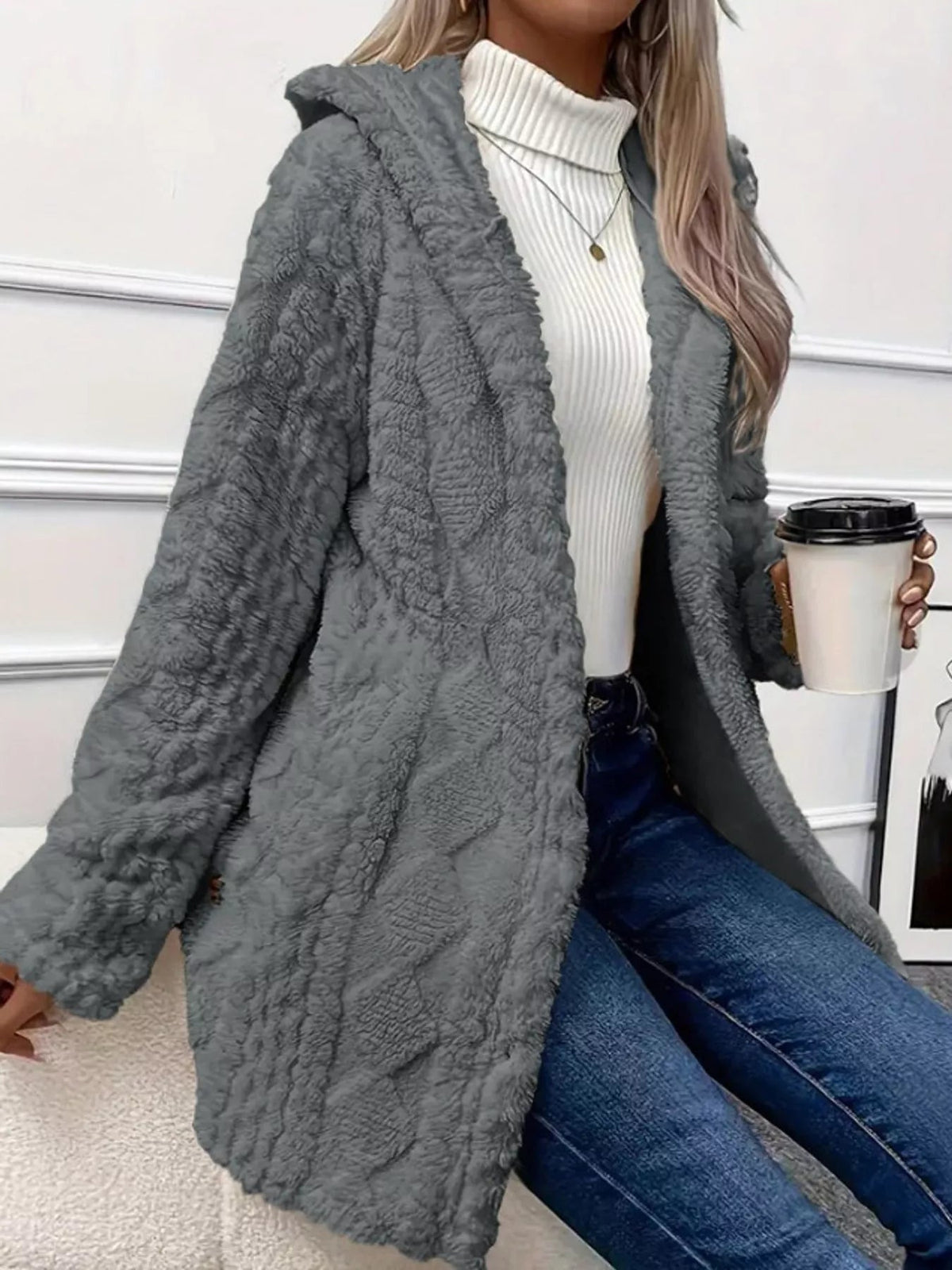 Full Size Cozy Cable-Knit Faux Fur Hooded Outerwear Plus Size - Bitsy Gypsy Boutique