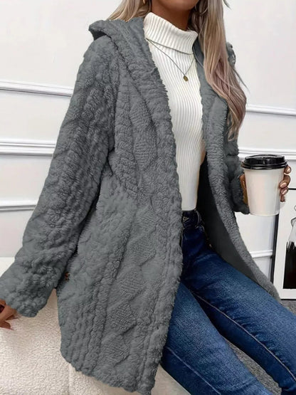 Full Size Cozy Cable-Knit Faux Fur Hooded Outerwear Plus Size - Bitsy Gypsy Boutique