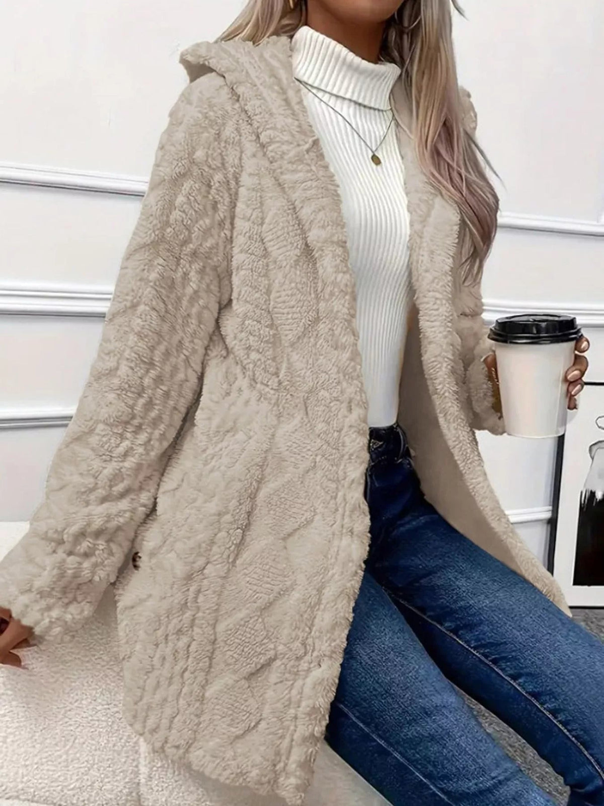 Full Size Cozy Cable-Knit Faux Fur Hooded Outerwear Plus Size - Bitsy Gypsy Boutique