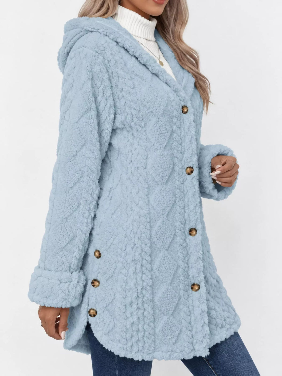 Full Size Cozy Cable-Knit Faux Fur Hooded Outerwear Plus Size - Bitsy Gypsy Boutique