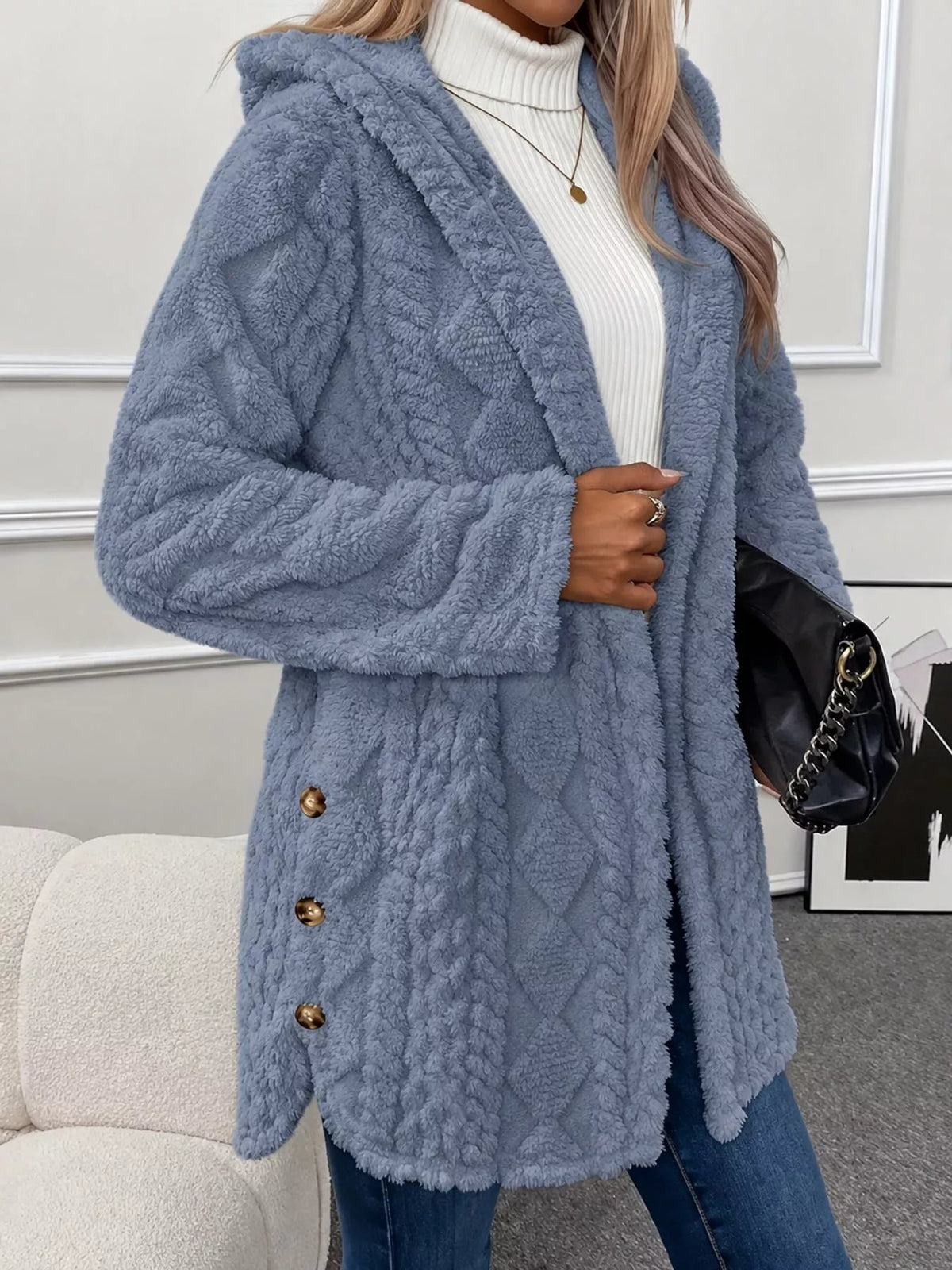 Full Size Cozy Cable-Knit Faux Fur Hooded Outerwear Plus Size - Bitsy Gypsy Boutique
