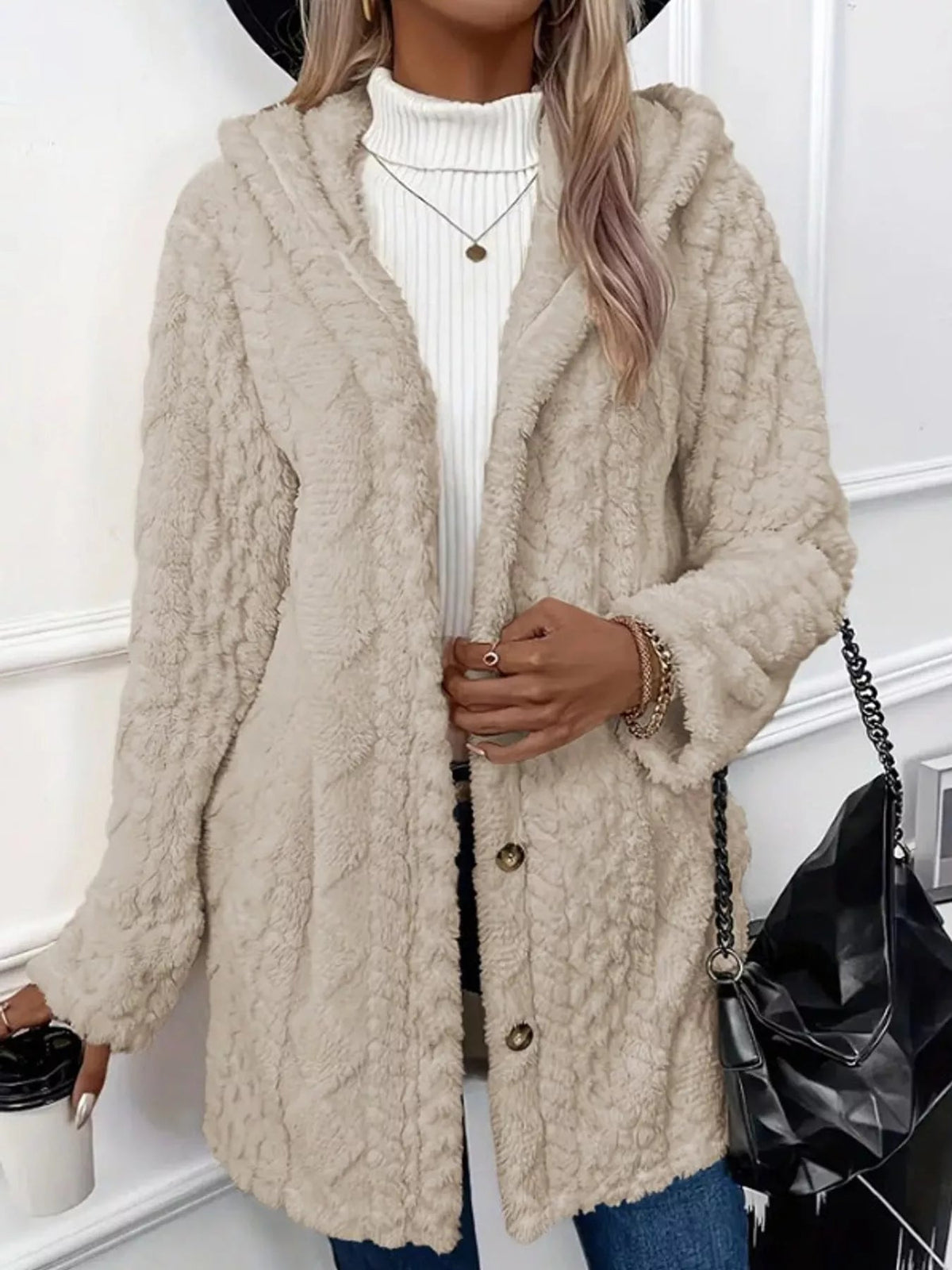Full Size Cozy Cable-Knit Faux Fur Hooded Outerwear Plus Size - Bitsy Gypsy Boutique
