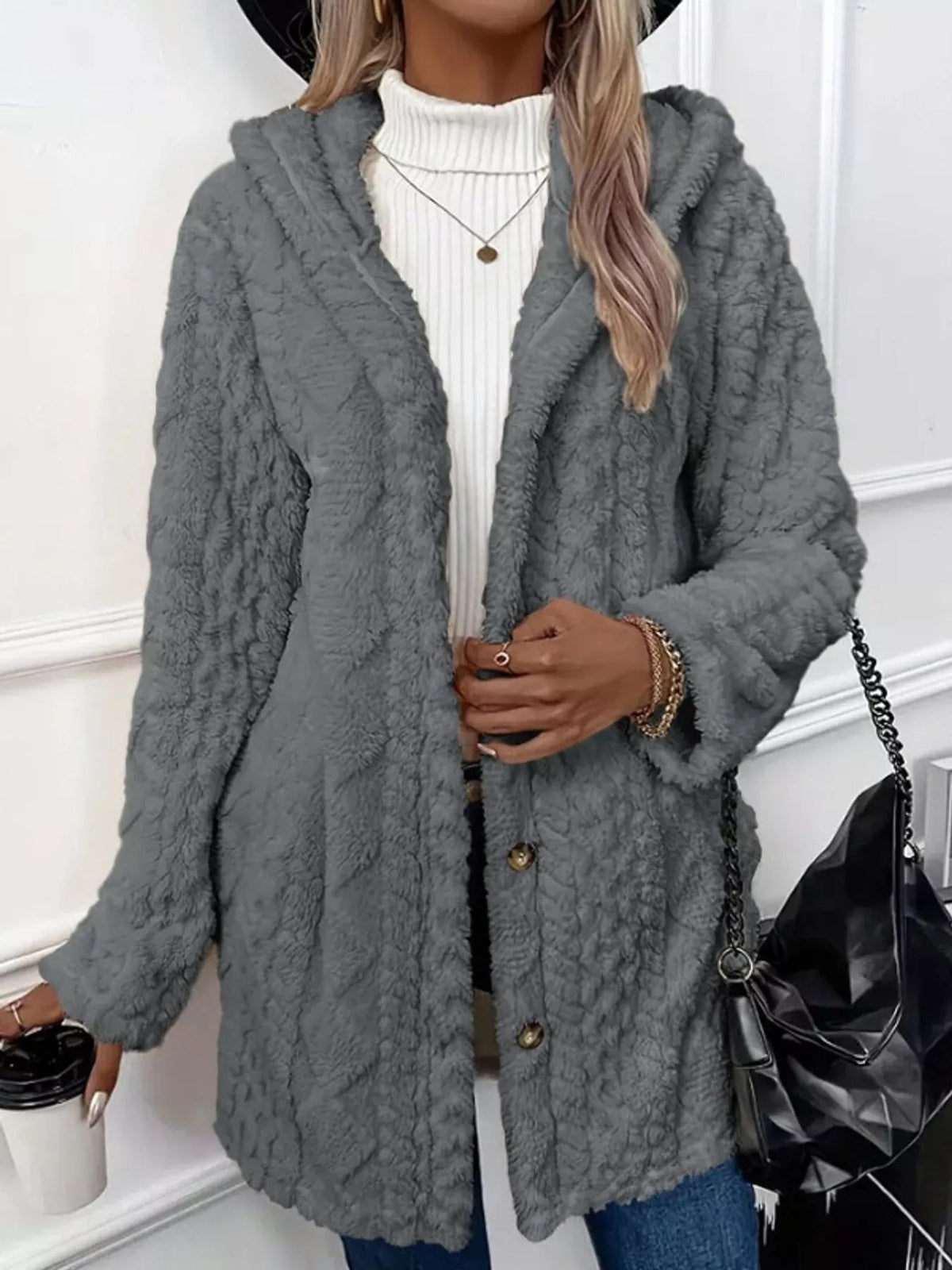 Full Size Cozy Cable-Knit Faux Fur Hooded Outerwear Plus Size - Bitsy Gypsy Boutique
