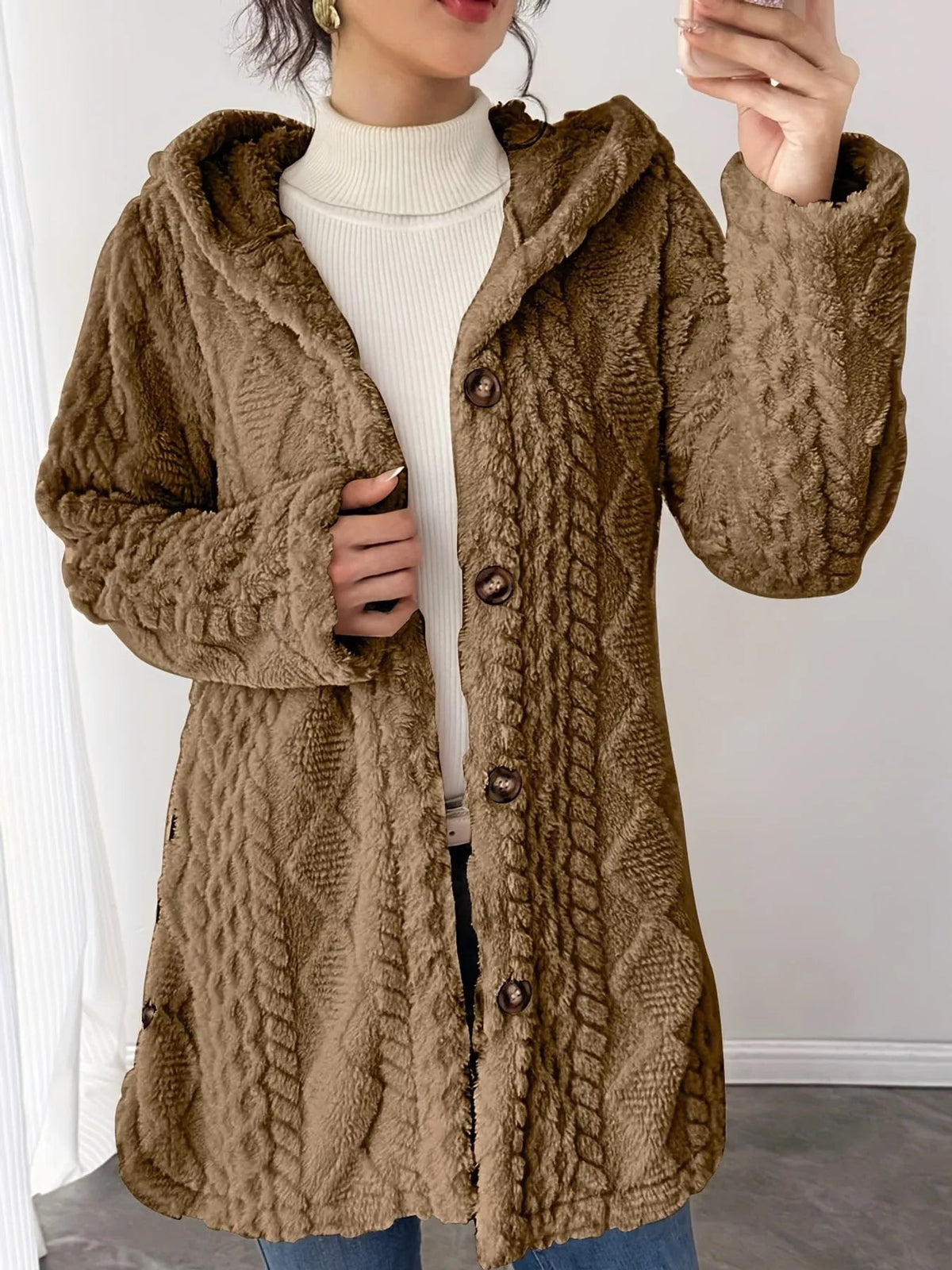 Full Size Cozy Cable-Knit Faux Fur Hooded Outerwear Plus Size - Bitsy Gypsy Boutique