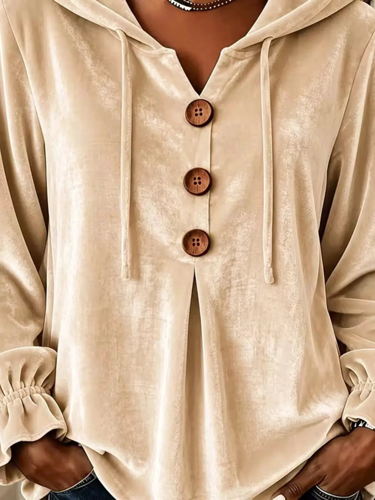 Full Size Decorative Buttons Velvet Hoodie Plus Size - Bitsy Gypsy Boutique
