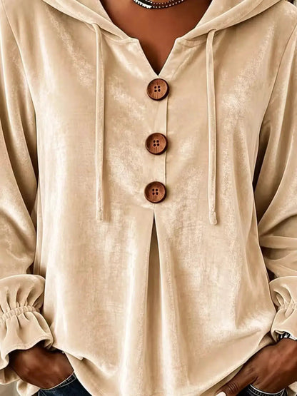 Full Size Decorative Buttons Velvet Hoodie Plus Size - Bitsy Gypsy Boutique