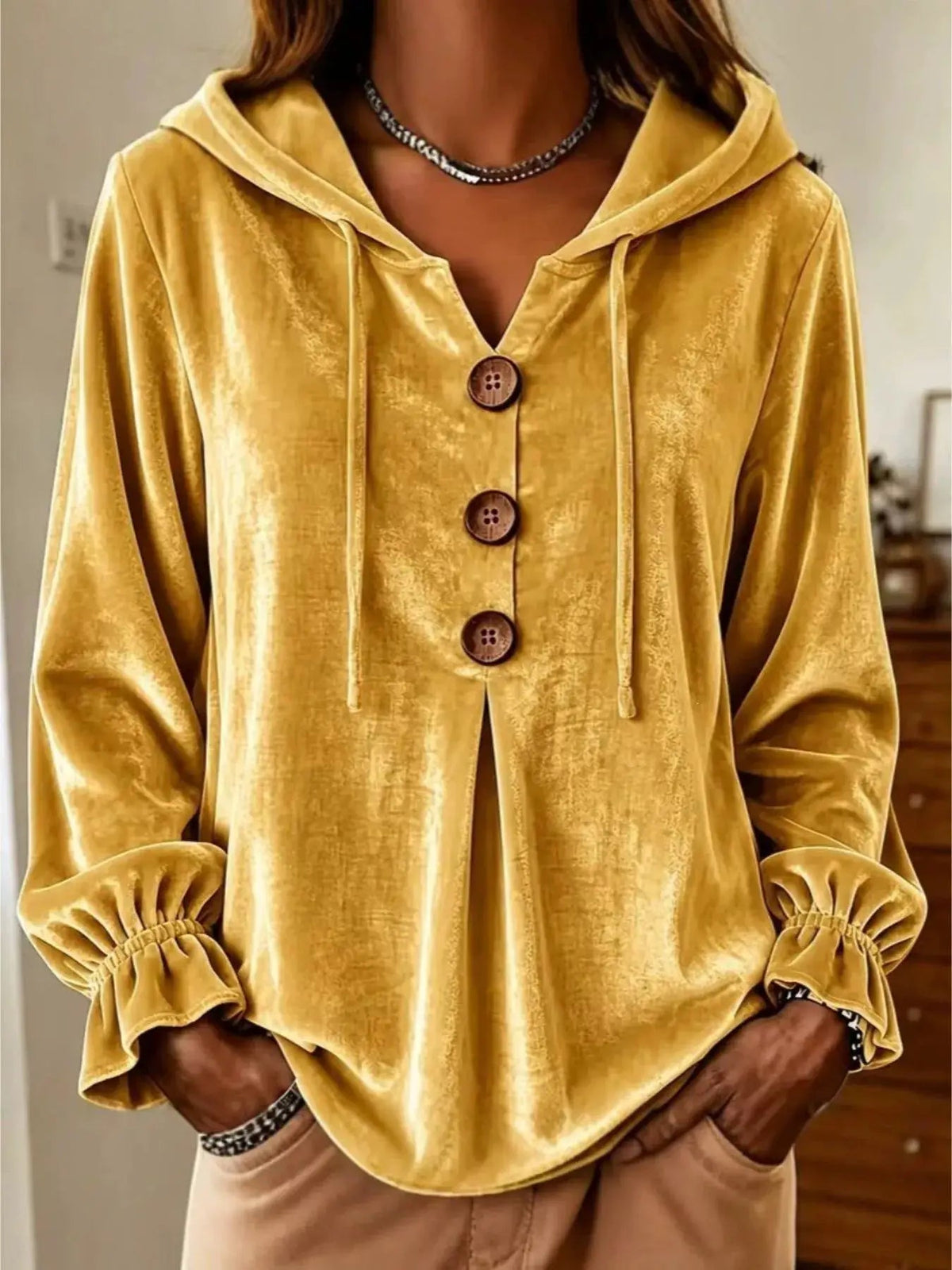 Full Size Decorative Buttons Velvet Hoodie Plus Size - Bitsy Gypsy Boutique