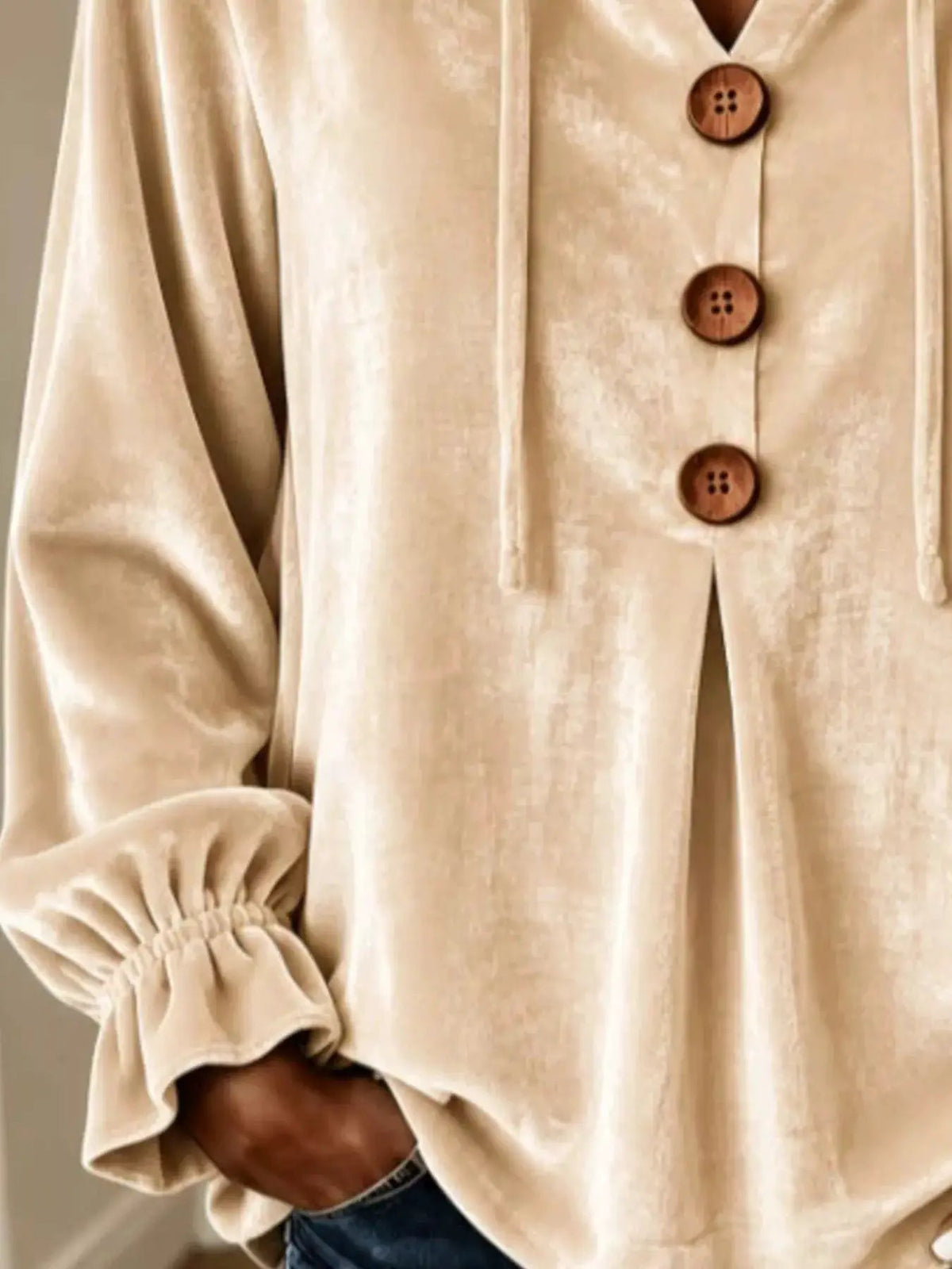 Full Size Decorative Buttons Velvet Hoodie Plus Size - Bitsy Gypsy Boutique