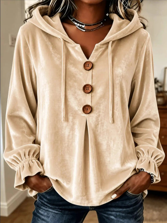Full Size Decorative Buttons Velvet Hoodie Plus Size - Bitsy Gypsy Boutique