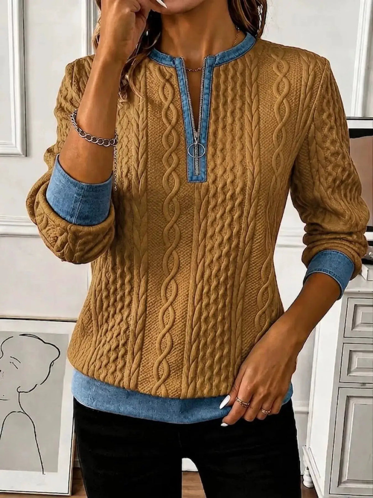 Full Size Denim Contrast Trim Quarter Zip Texture Sweatshirt Plus Size - Bitsy Gypsy Boutique