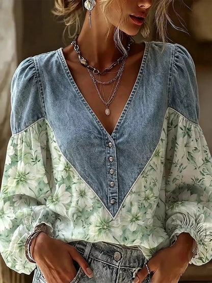 Full Size Denim Patchwork Floral Denim Top Plus Size - Bitsy Gypsy Boutique