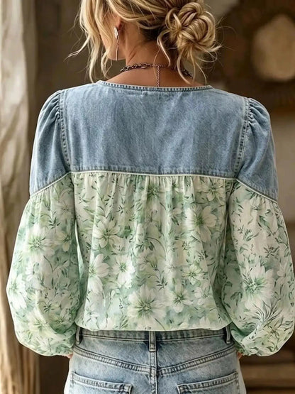 Full Size Denim Patchwork Floral Denim Top Plus Size - Bitsy Gypsy Boutique