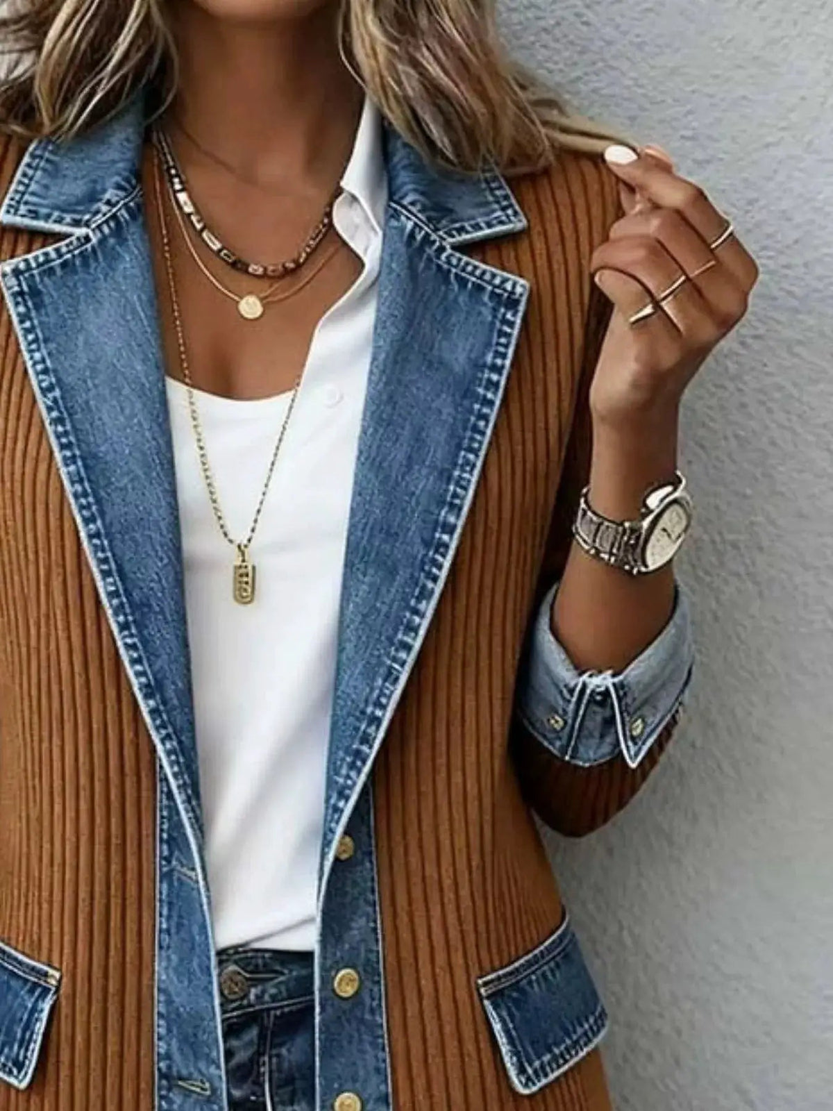 Full Size Denim Trim Ribbed Knit Jacket Plus Size - Bitsy Gypsy Boutique