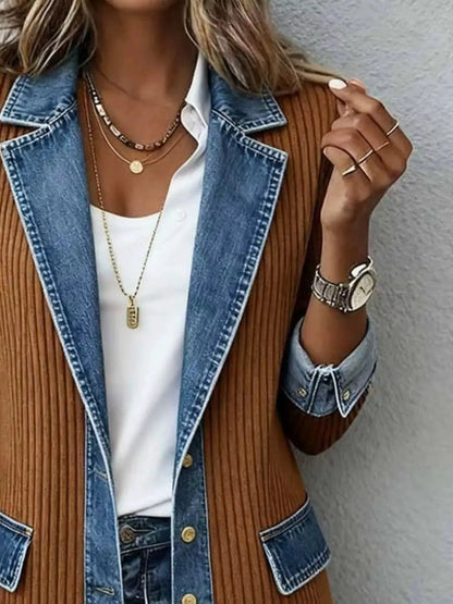 Full Size Denim Trim Ribbed Knit Jacket Plus Size - Bitsy Gypsy Boutique