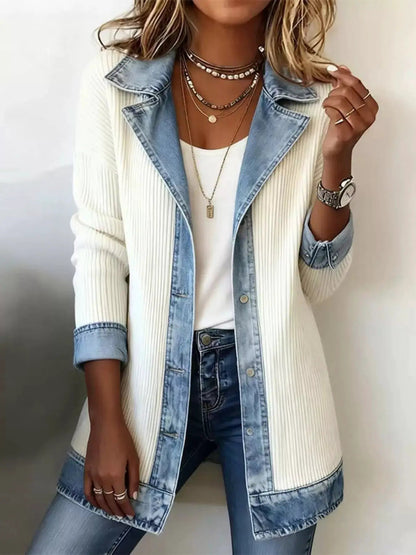 Full Size Denim Trim Ribbed Knit Jacket Plus Size - Bitsy Gypsy Boutique