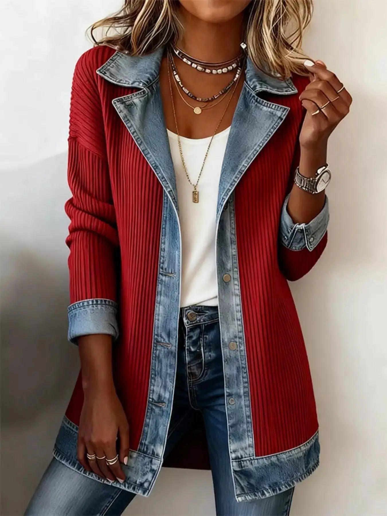 Full Size Denim Trim Ribbed Knit Jacket Plus Size - Bitsy Gypsy Boutique