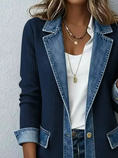 Full Size Denim Trim Ribbed Knit Jacket Plus Size - Bitsy Gypsy Boutique