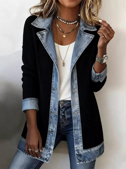 Full Size Denim Trim Ribbed Knit Jacket Plus Size - Bitsy Gypsy Boutique