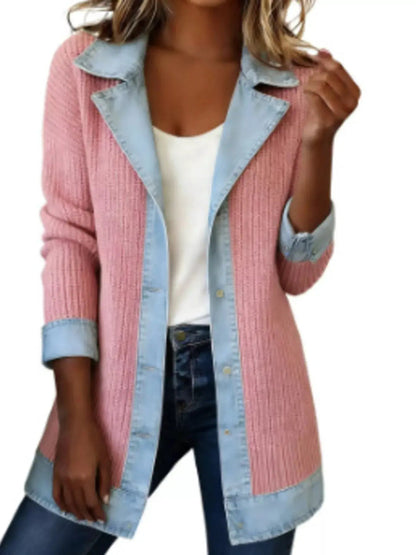 Full Size Denim Trim Ribbed Knit Jacket Plus Size - Bitsy Gypsy Boutique