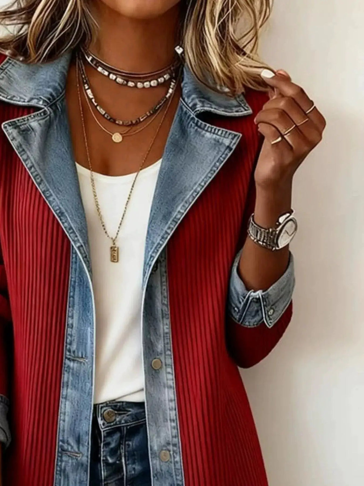 Full Size Denim Trim Ribbed Knit Jacket Plus Size - Bitsy Gypsy Boutique
