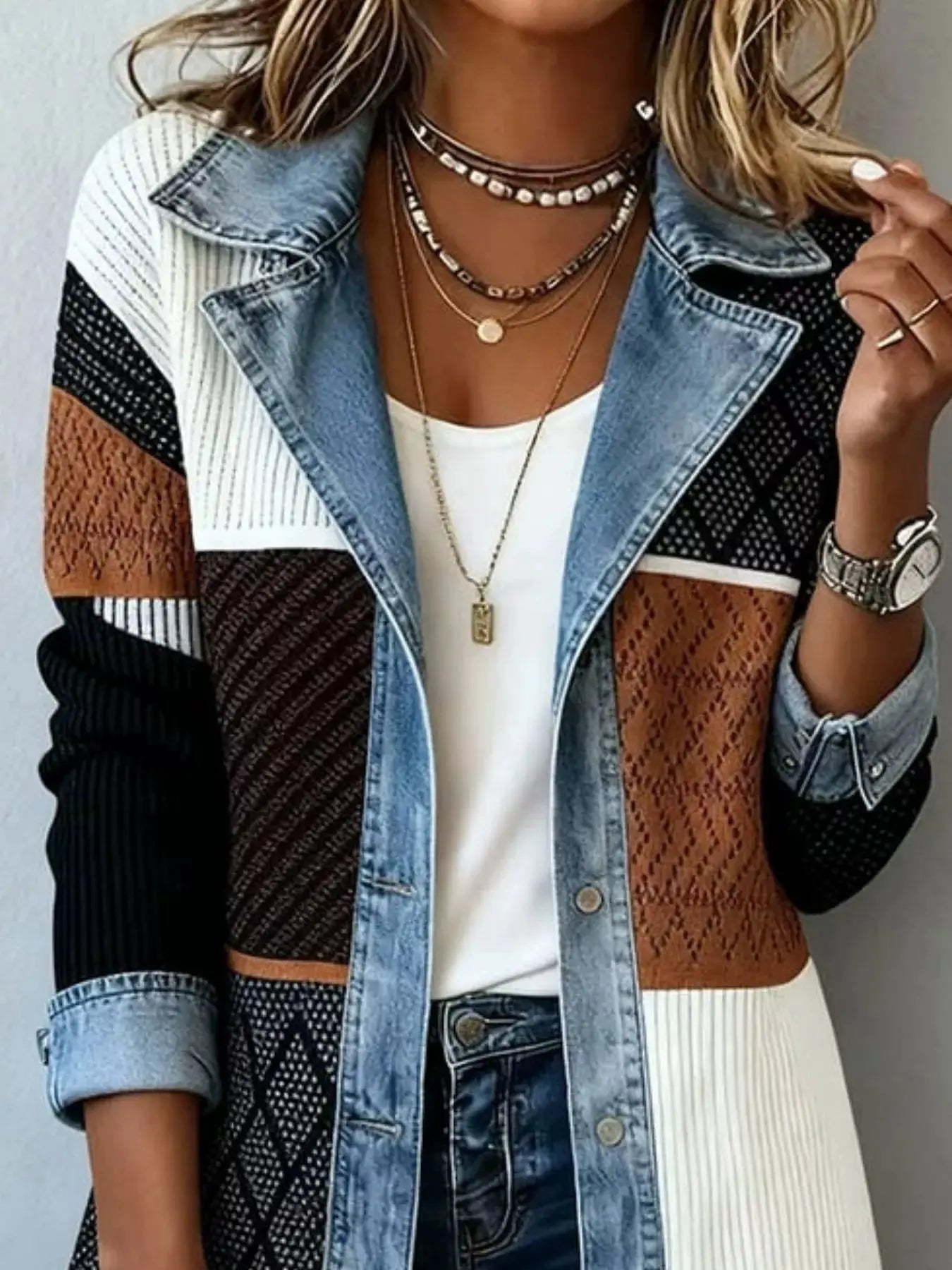 Full Size Denim Trim Ribbed Knit Jacket Plus Size - Bitsy Gypsy Boutique