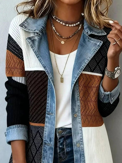 Full Size Denim Trim Ribbed Knit Jacket Plus Size - Bitsy Gypsy Boutique
