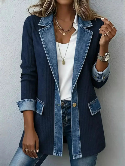Full Size Denim Trim Ribbed Knit Jacket Plus Size - Bitsy Gypsy Boutique