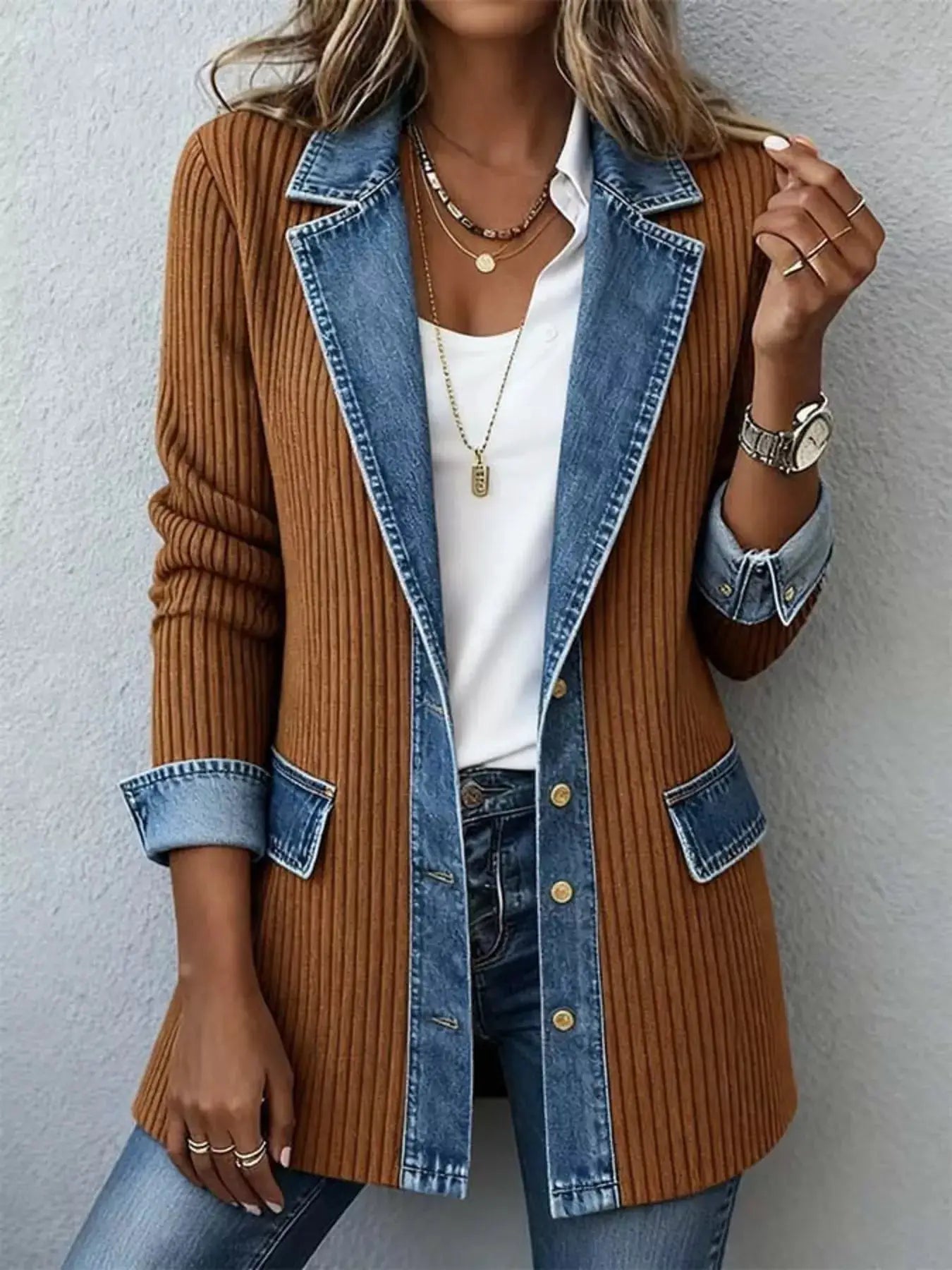 Full Size Denim Trim Ribbed Knit Jacket Plus Size - Bitsy Gypsy Boutique