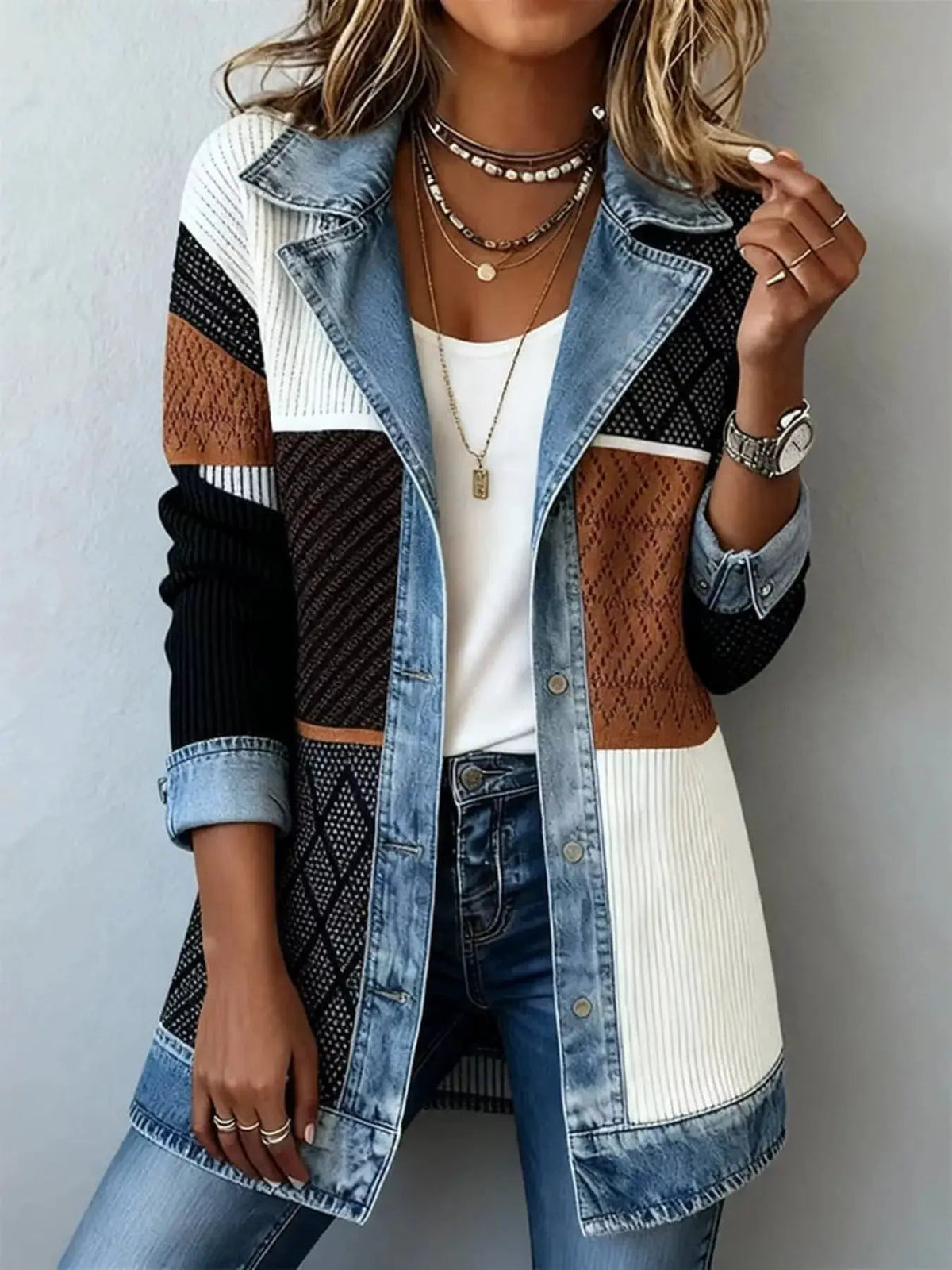 Full Size Denim Trim Ribbed Knit Jacket Plus Size - Bitsy Gypsy Boutique