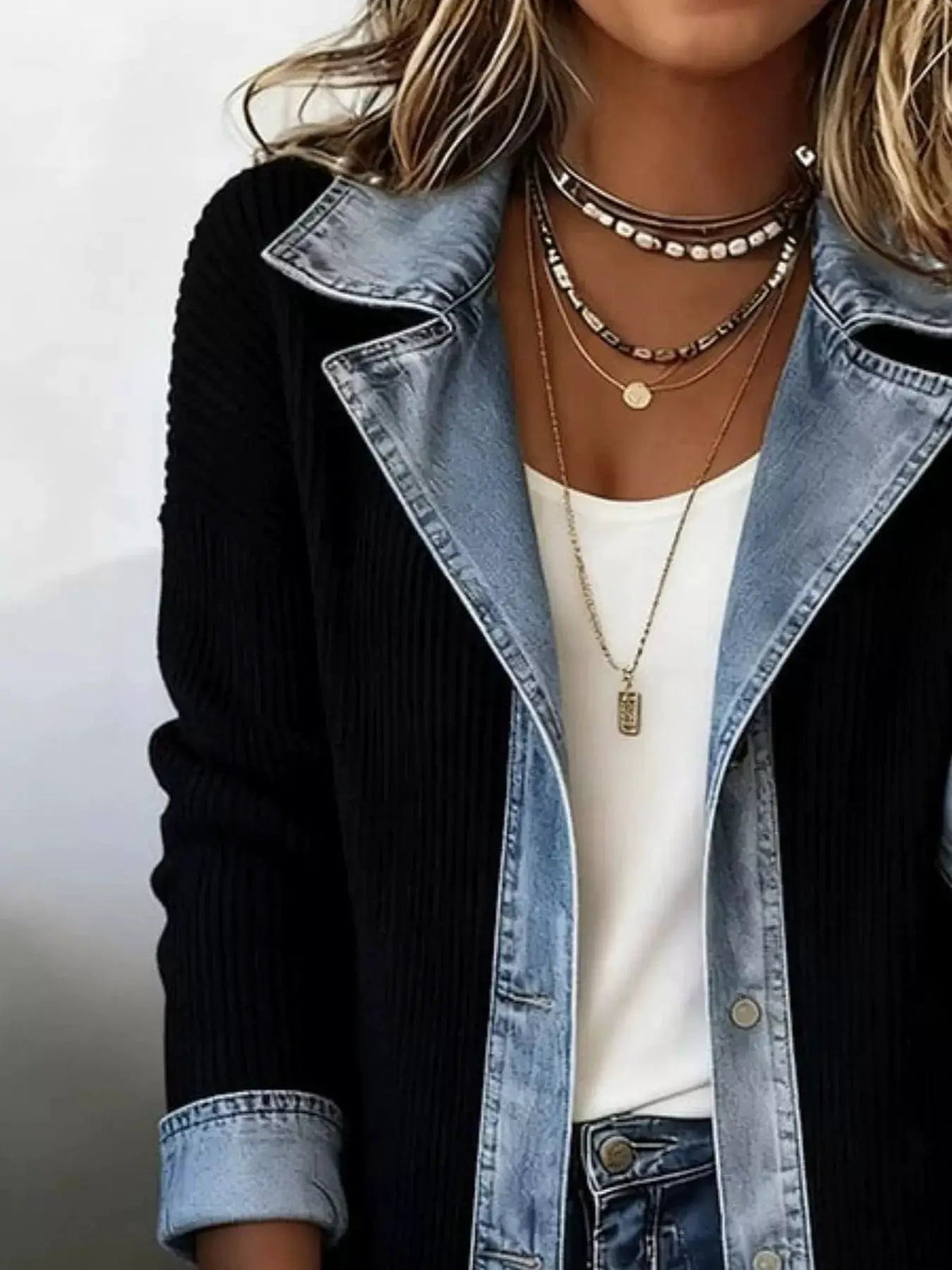 Full Size Denim Trim Ribbed Knit Jacket Plus Size - Bitsy Gypsy Boutique