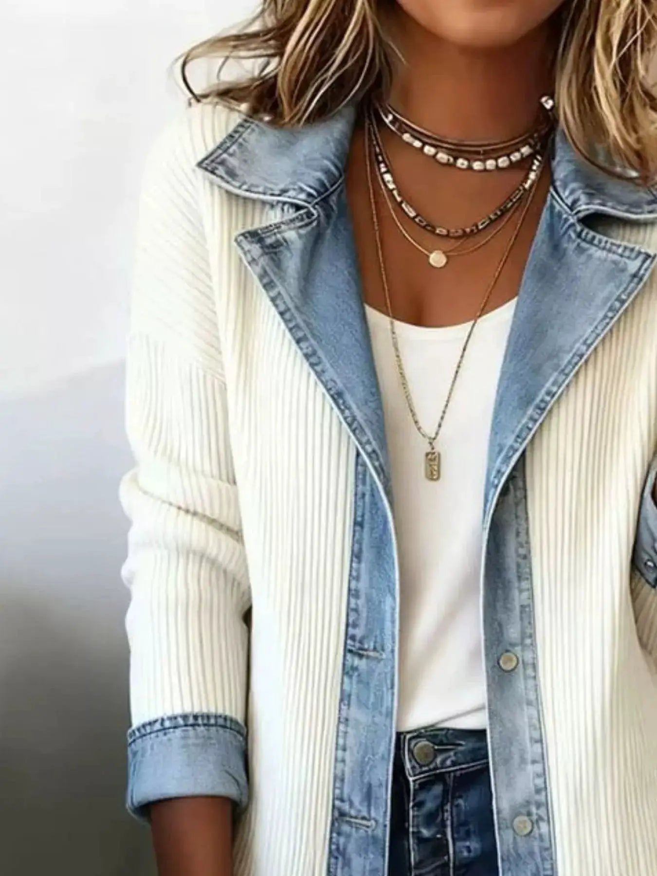 Full Size Denim Trim Ribbed Knit Jacket Plus Size - Bitsy Gypsy Boutique