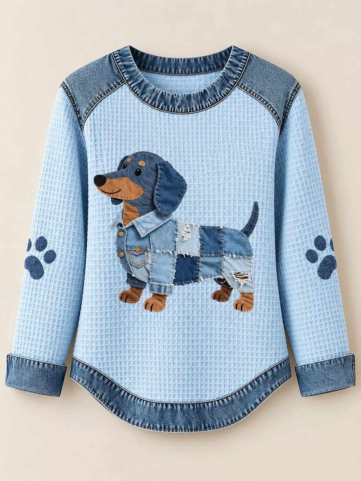 Full Size Dog Denim Patchwork Waffle Knit Sweatshirt Plus Size - Bitsy Gypsy Boutique