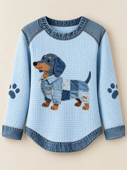 Full Size Dog Denim Patchwork Waffle Knit Sweatshirt Plus Size - Bitsy Gypsy Boutique