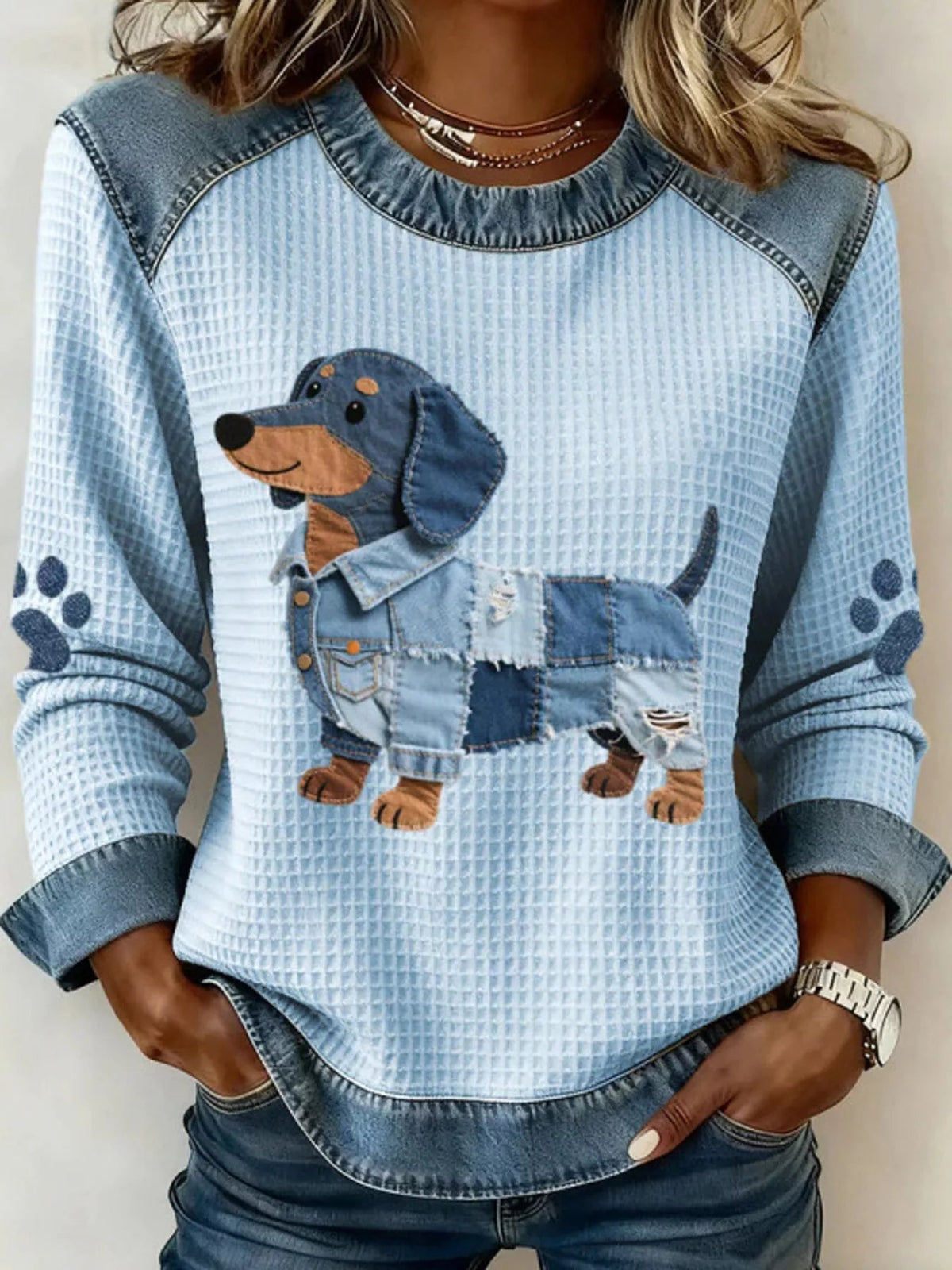 Full Size Dog Denim Patchwork Waffle Knit Sweatshirt Plus Size - Bitsy Gypsy Boutique