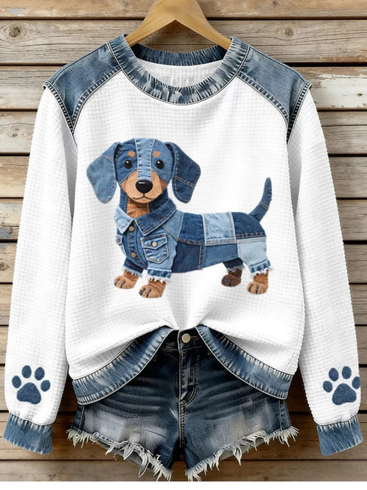 Full Size Dog Denim Patchwork Waffle Knit Sweatshirt Plus Size - Bitsy Gypsy Boutique