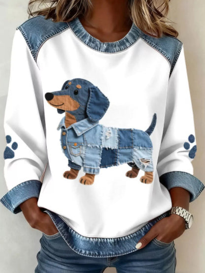 Full Size Dog Denim Patchwork Waffle Knit Sweatshirt Plus Size - Bitsy Gypsy Boutique