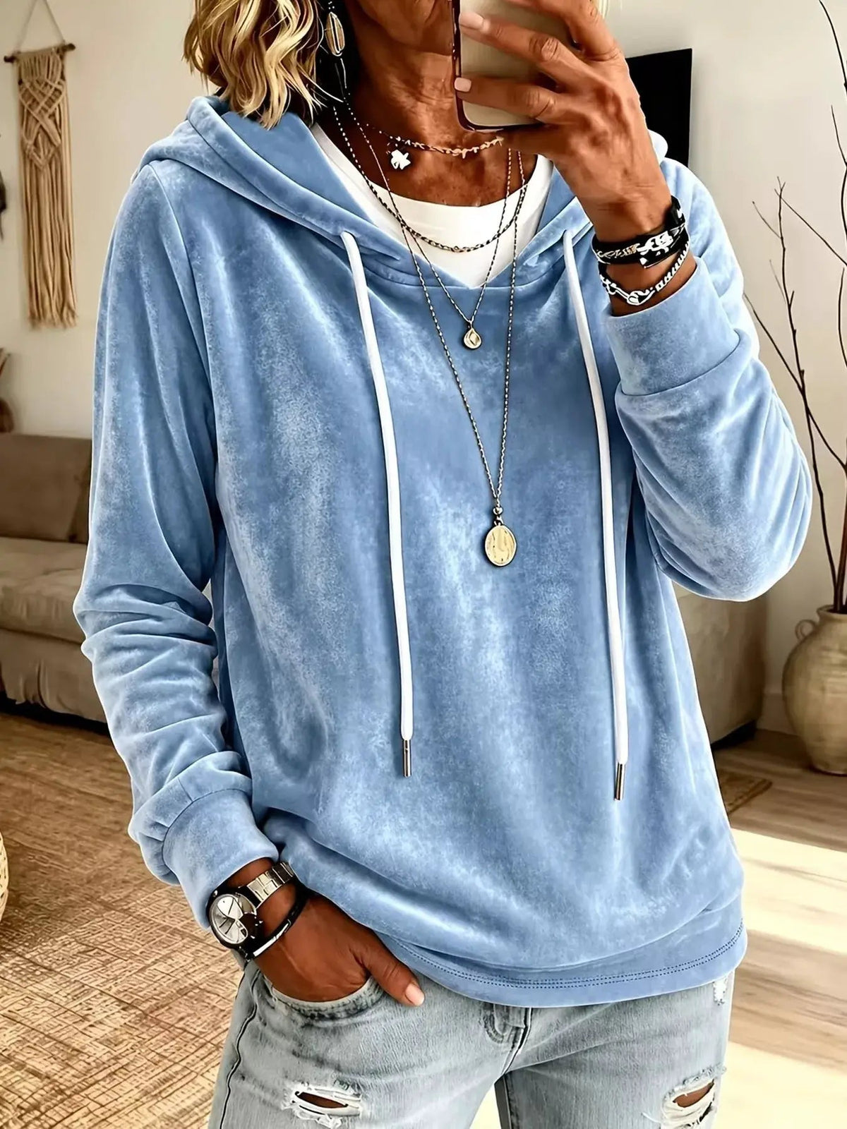 Full Size Drawstring Velvet Long Sleeve Hoodie Plus Size - Bitsy Gypsy Boutique
