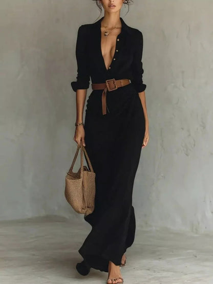 Full Size Elegant V-Neck Ruched Maxi Dress with Belt Plus Size - Bitsy Gypsy Boutique