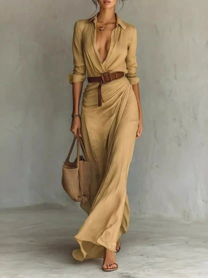 Full Size Elegant V-Neck Ruched Maxi Dress with Belt Plus Size - Bitsy Gypsy Boutique