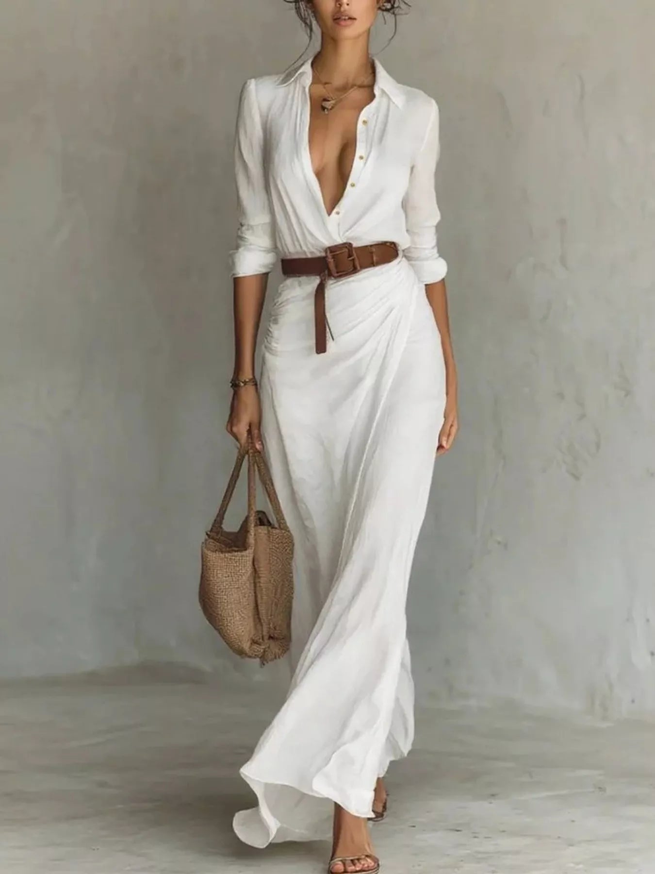 Full Size Elegant V-Neck Ruched Maxi Dress with Belt Plus Size - Bitsy Gypsy Boutique