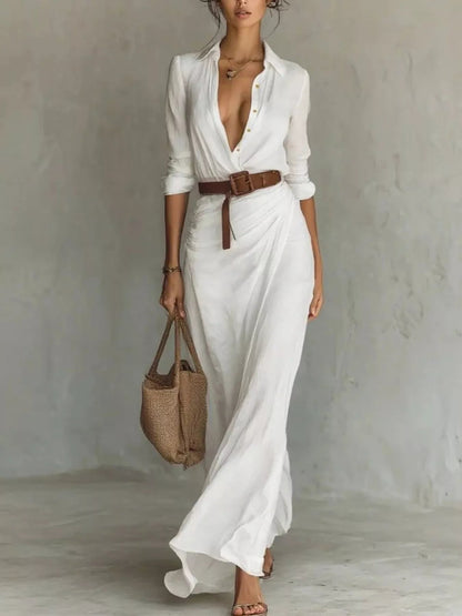 Full Size Elegant V-Neck Ruched Maxi Dress with Belt Plus Size - Bitsy Gypsy Boutique