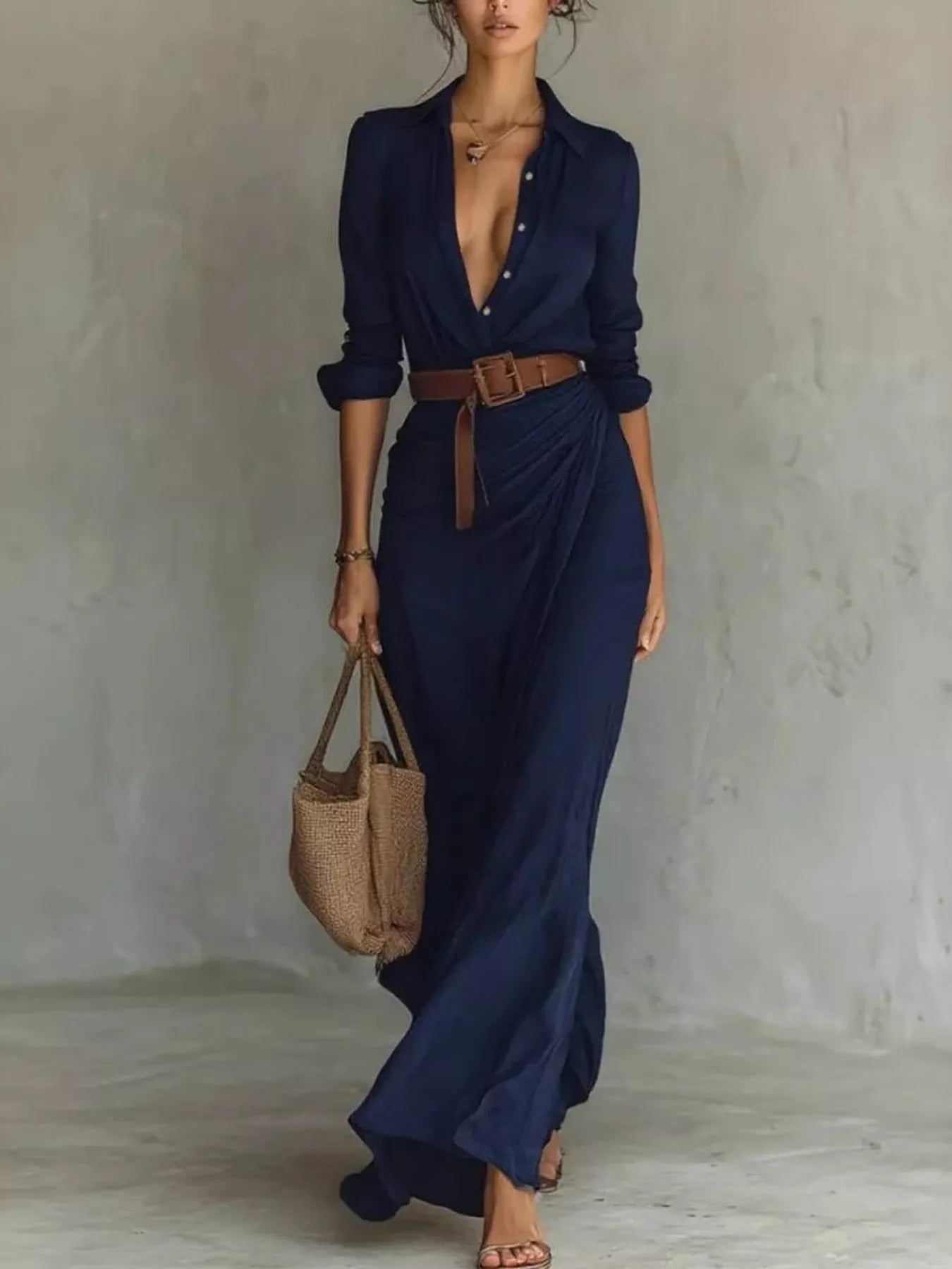Full Size Elegant V-Neck Ruched Maxi Dress with Belt Plus Size - Bitsy Gypsy Boutique