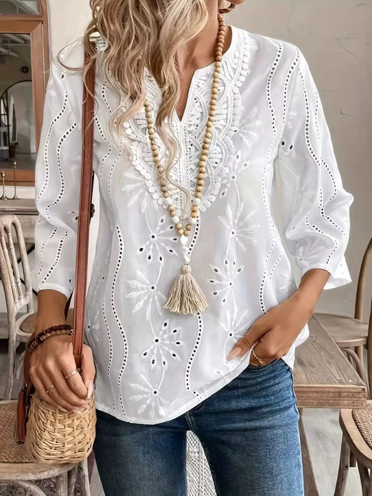 Full Size Embroidered Eyelet Long Sleeve Blouse Plus Size by Trendsi